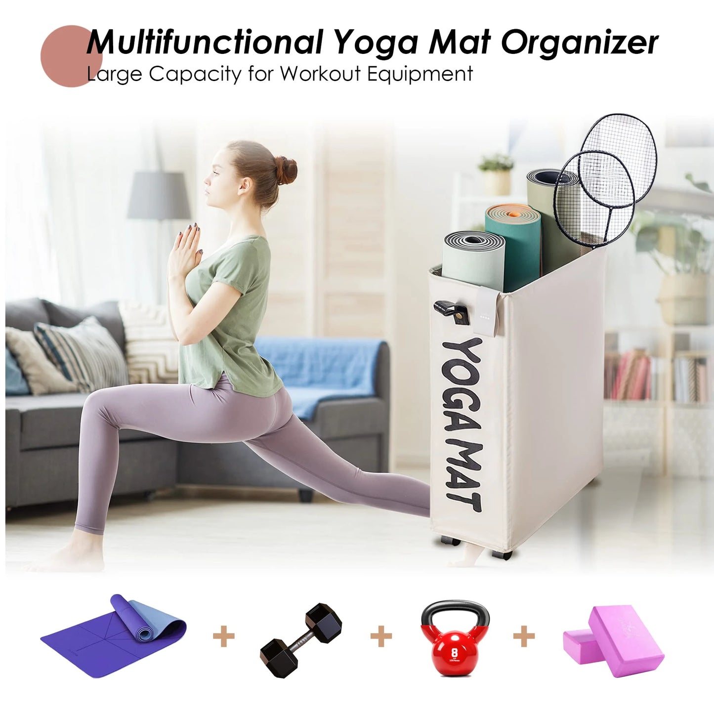 Yoga Mat Storage Rack, 27’’ Large Yoga Mat Holder Accessories, Home Gym Equipment Storage Yoga Mats, Workout Equipment Organization with Wheels, White