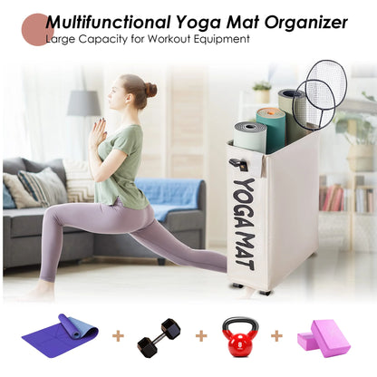 Yoga Mat Storage Rack, 27’’ Large Yoga Mat Holder Accessories, Home Gym Equipment Storage Yoga Mats, Workout Equipment Organization with Wheels, White