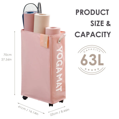 Yoga Mat Storage Rack, 27’’ Large Yoga Mat Holder Accessories, Home Gym Equipment Storage Yoga Mats, Workout Equipment Organization with Wheels, Pink