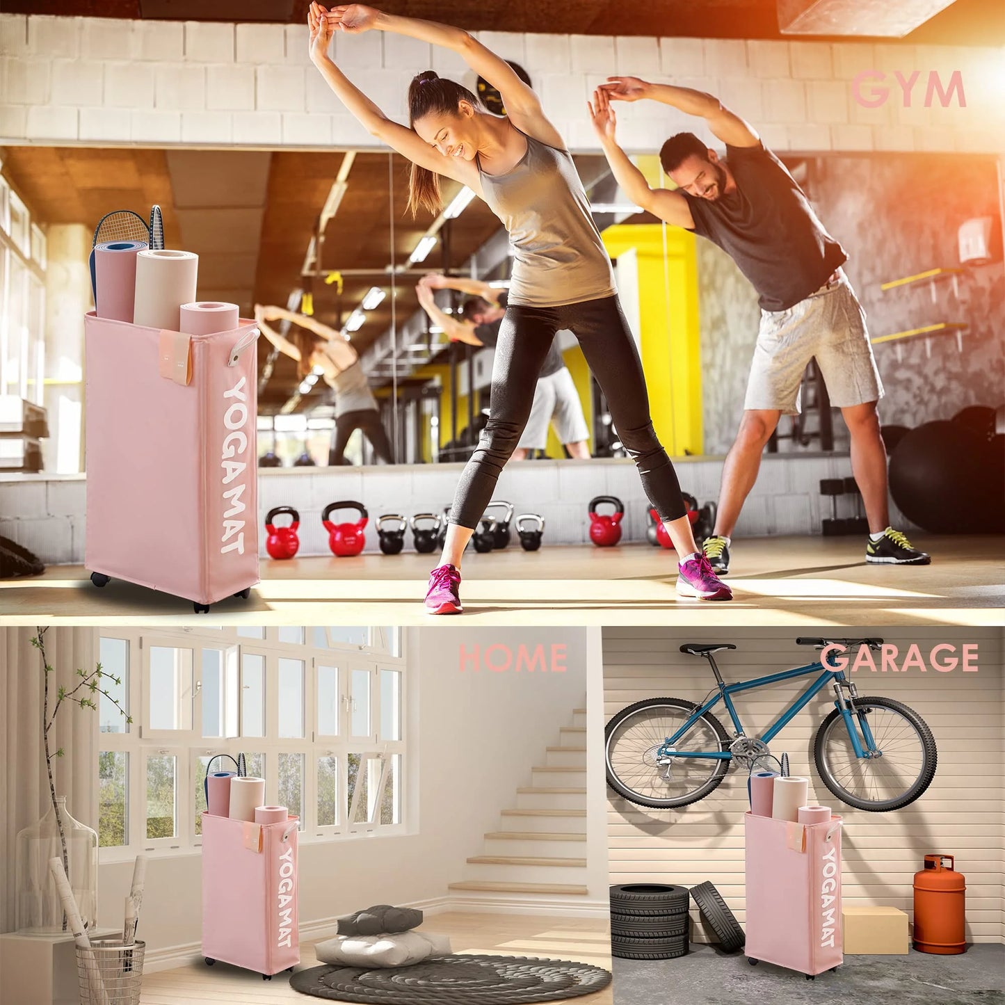 Yoga Mat Storage Rack, 27’’ Large Yoga Mat Holder Accessories, Home Gym Equipment Storage Yoga Mats, Workout Equipment Organization with Wheels, Pink