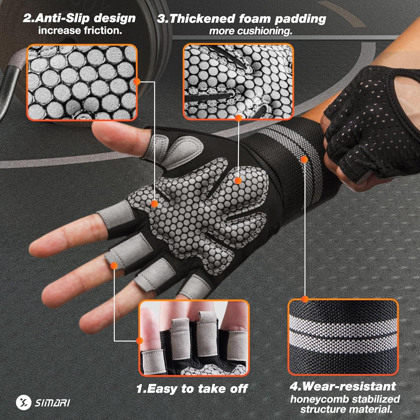 Breathable Workout Gloves for Men Women, Padded Weight Lifting Gloves with Wrist Wraps Support, Full Palm Protection, Grip for Gym Training, Fitness, Weightlifting, Exercise Fingerless Black