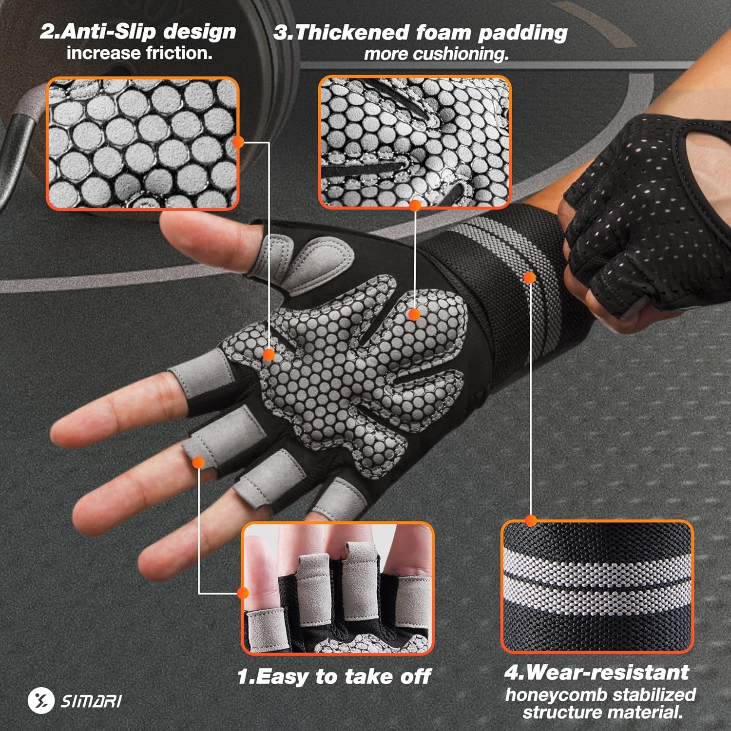 Breathable Workout Gloves for Men Women, Padded Weight Lifting Gloves with Wrist Wraps Support, Full Palm Protection, Grip for Gym Training, Fitness, Weightlifting, Exercise Fingerless Black