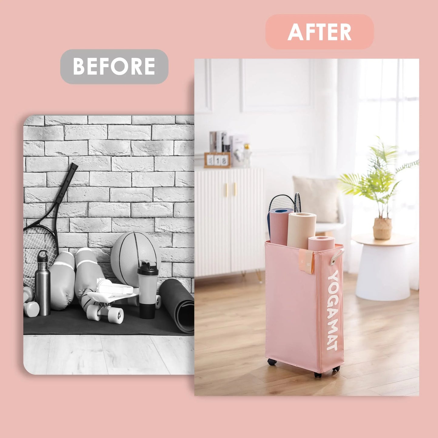 Yoga Mat Storage Rack, 27’’ Large Yoga Mat Holder Accessories, Home Gym Equipment Storage Yoga Mats, Workout Equipment Organization with Wheels, Pink