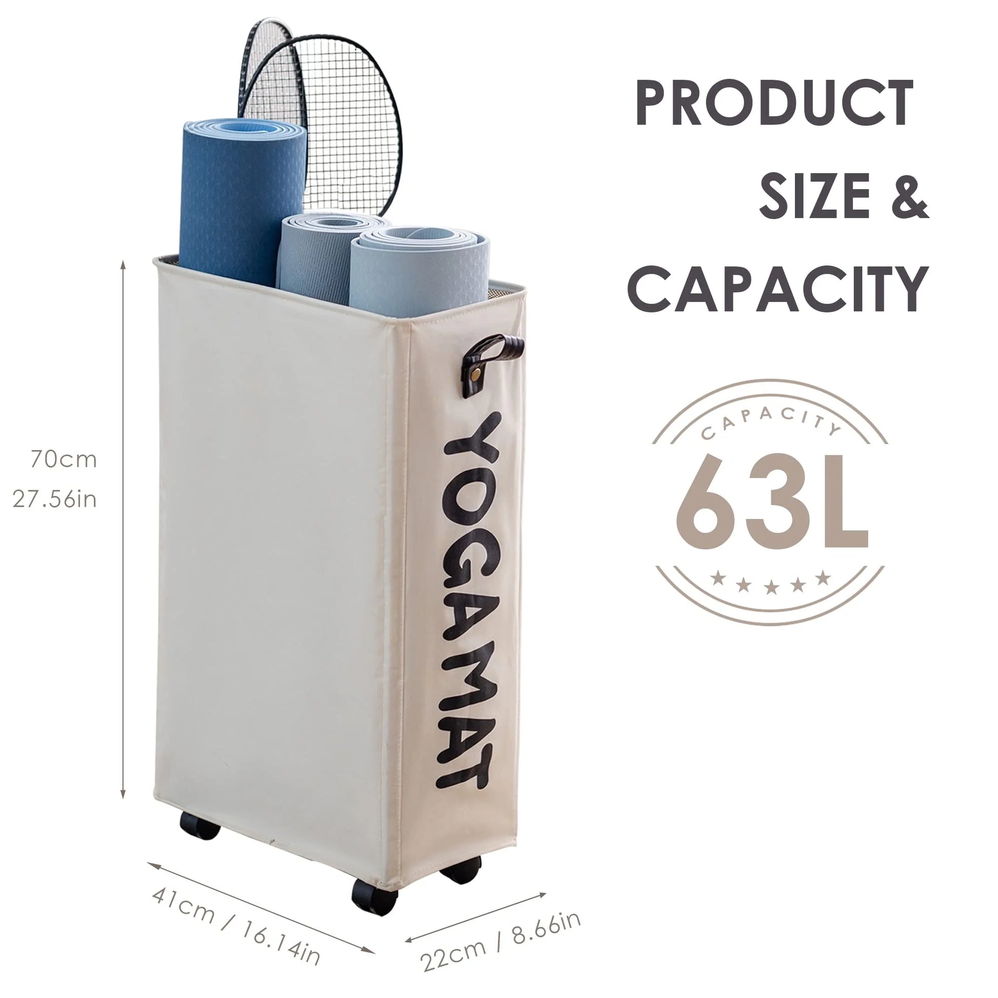 Yoga Mat Storage Rack, 27’’ Large Yoga Mat Holder Accessories, Home Gym Equipment Storage Yoga Mats, Workout Equipment Organization with Wheels, White