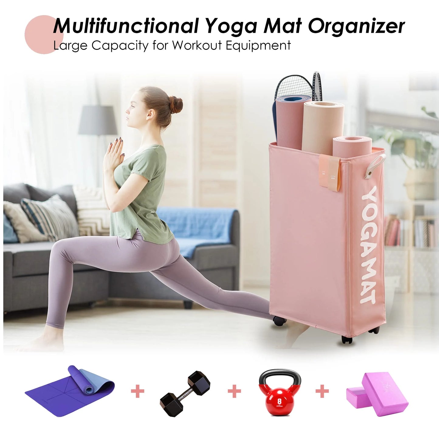 Yoga Mat Storage Rack, 27’’ Large Yoga Mat Holder Accessories, Home Gym Equipment Storage Yoga Mats, Workout Equipment Organization with Wheels, Pink