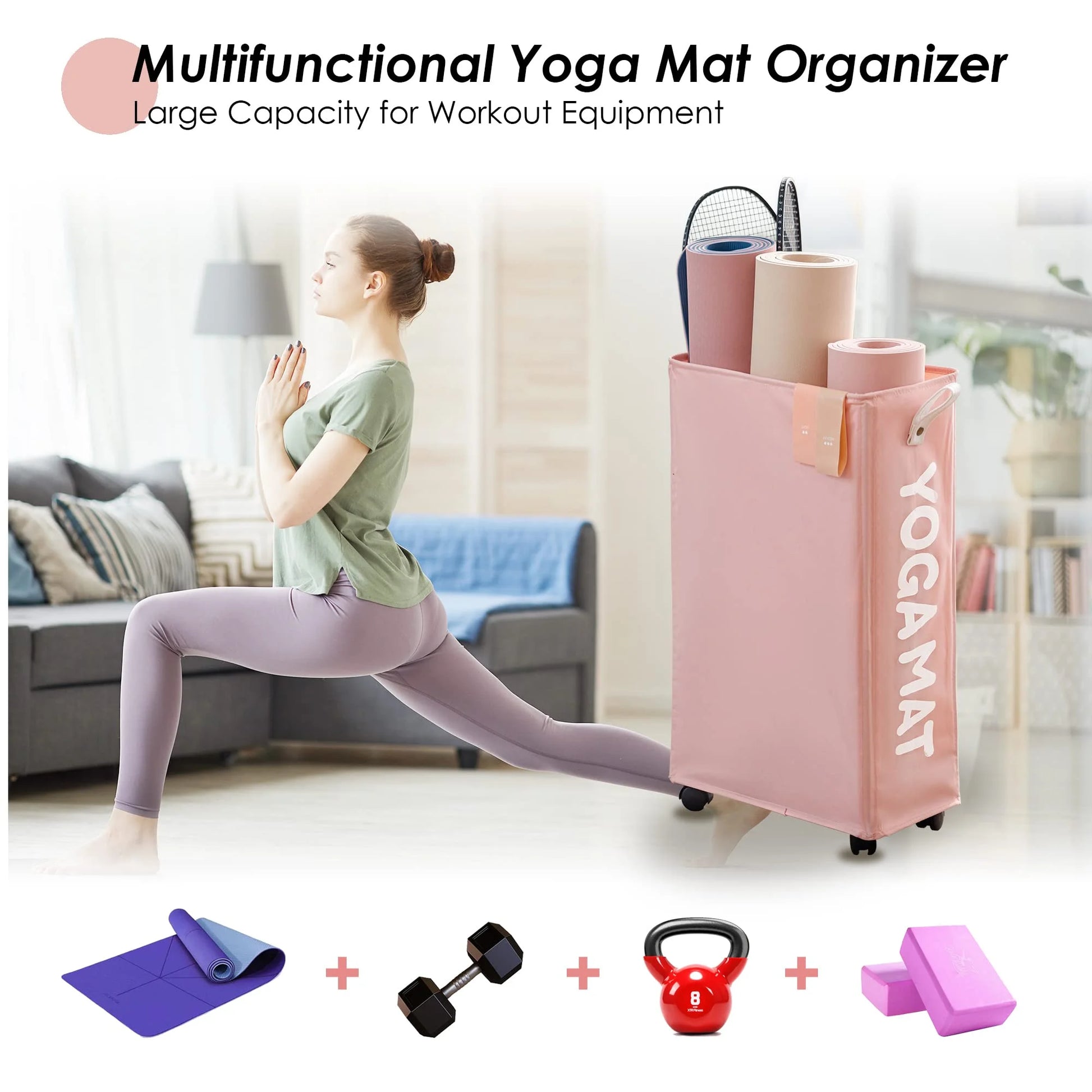 Yoga Mat Storage Rack, 27’’ Large Yoga Mat Holder Accessories, Home Gym Equipment Storage Yoga Mats, Workout Equipment Organization with Wheels, Pink