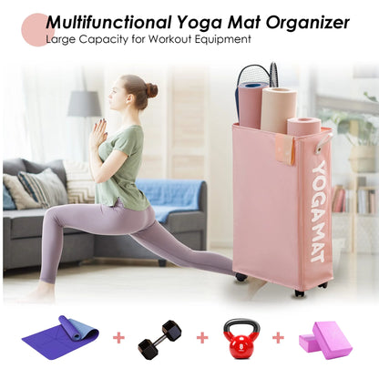 Yoga Mat Storage Rack, 27’’ Large Yoga Mat Holder Accessories, Home Gym Equipment Storage Yoga Mats, Workout Equipment Organization with Wheels, Pink